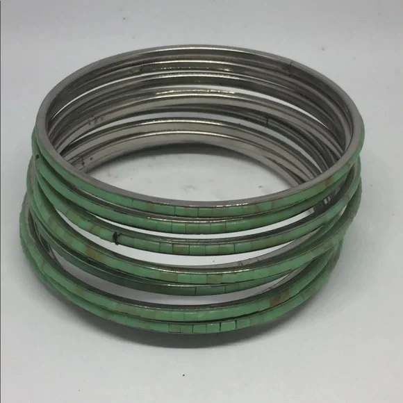 Stack Of 10 Bangles Bracelets Inlaid She’ll Handmade Turquoise - Picture 7 of 14